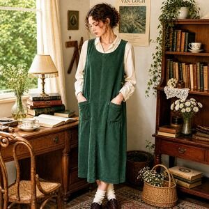 Vtg Talbots Jumper Dress Womens Sz 14P Green Corduroy Pocket Midi Cottage 90s